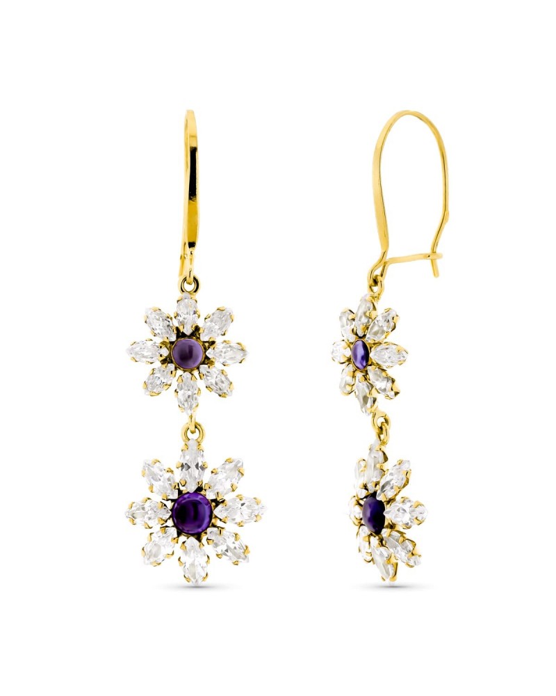 Pendientes oro 18k flores piedras moradas cierre gancho
