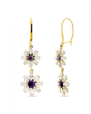 Pendientes oro 18k flores piedras moradas cierre gancho