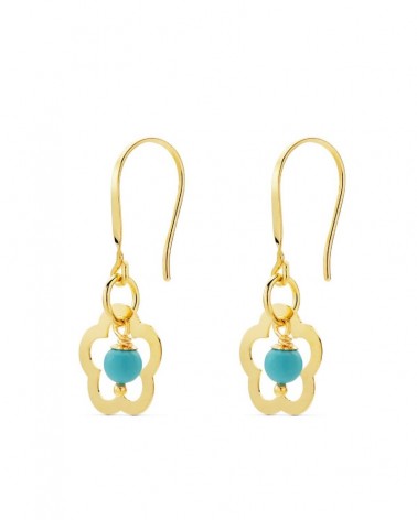 Pendientes oro 18k flor turquesa 28x12mm gancho