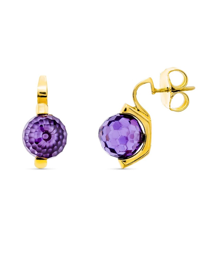 Pendientes oro 18k piedra color morada 10mm presión