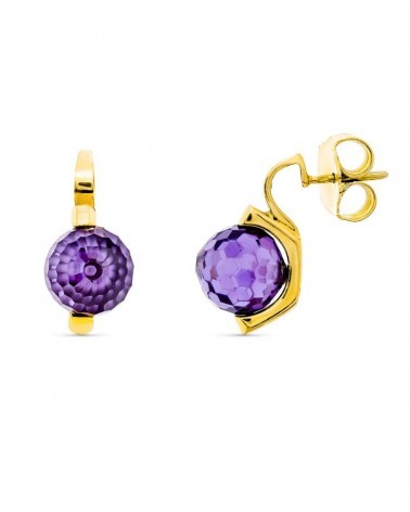 Pendientes oro 18k piedra color morada 10mm presión