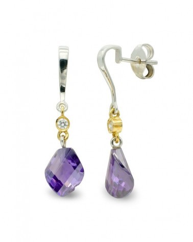 Pendientes oro 18k bicolor amatista circonita 11mm
