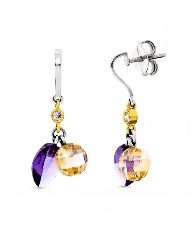 Pendientes oro 18k bicolor amatista cierre presión