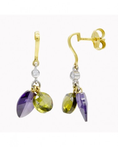 Pendientes oro 18k bicolor olivina amatista cierre presión