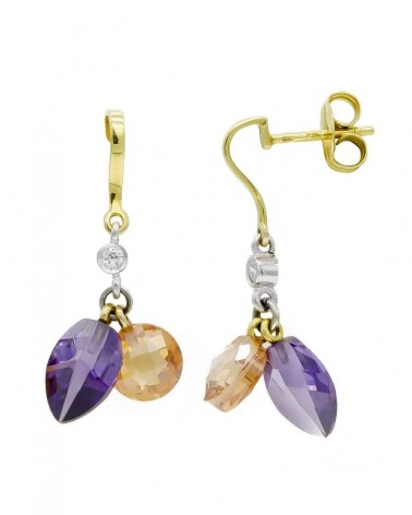 Pendientes oro 18k bicolor amatista peso aproximado 3,3 gramos