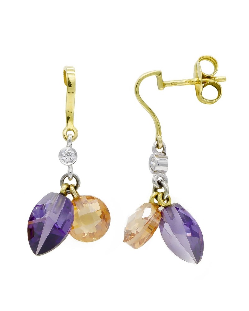 Pendientes oro 18k bicolor amatista peso aproximado 3,3 gramos