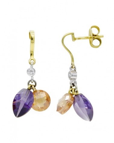Pendientes oro 18k bicolor amatista peso aproximado 3,3 gramos