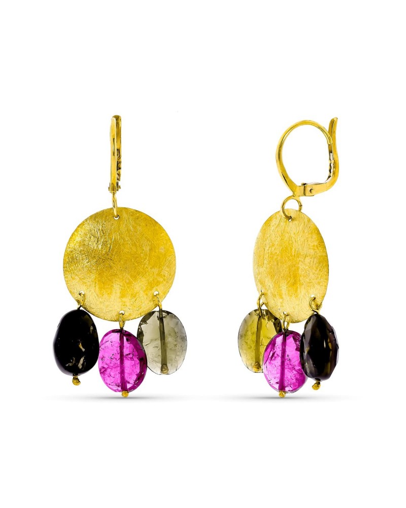 Pendientes oro 18k largos piedras colores cierre gancho