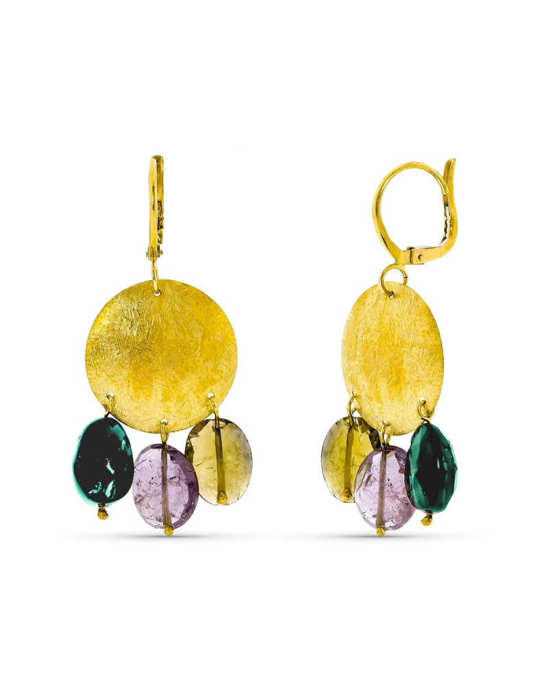 Pendientes oro 18k colgantes piedras colores 44x18mm