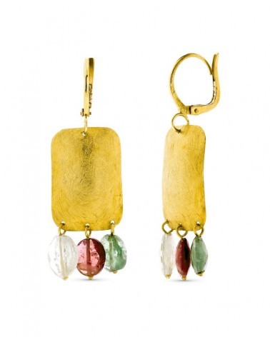 Pendientes oro 18k largos piedras colores omega