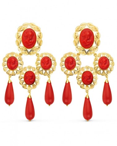 Pendientes oro 18k mantilla camafeo coral 70x38mm