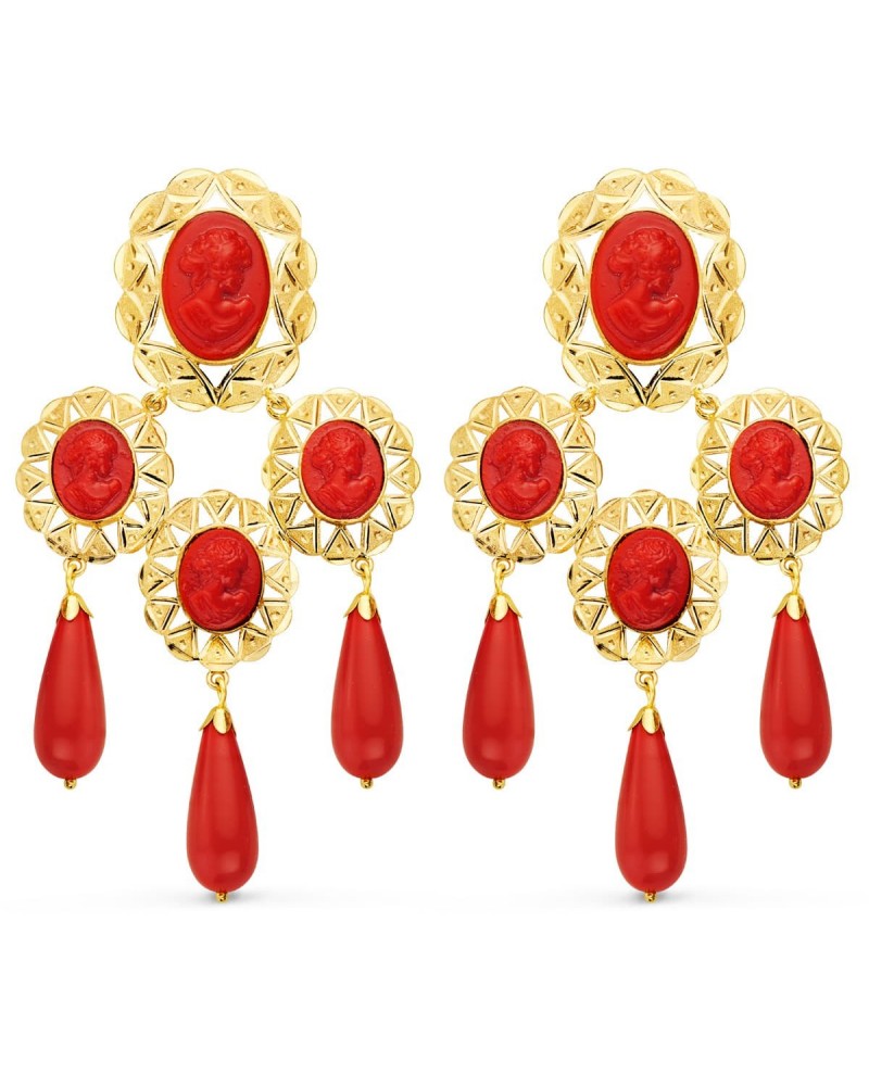 Pendientes oro 18k mantilla camafeo coral 70x38mm