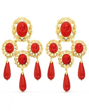 Pendientes oro 18k mantilla camafeo coral 70x38mm