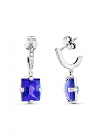 Pendientes oro blanco 18k circonita piedra azul 27x11mm