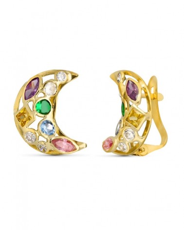 Pendientes oro 18k luna circonitas multicolor 14x10 mm