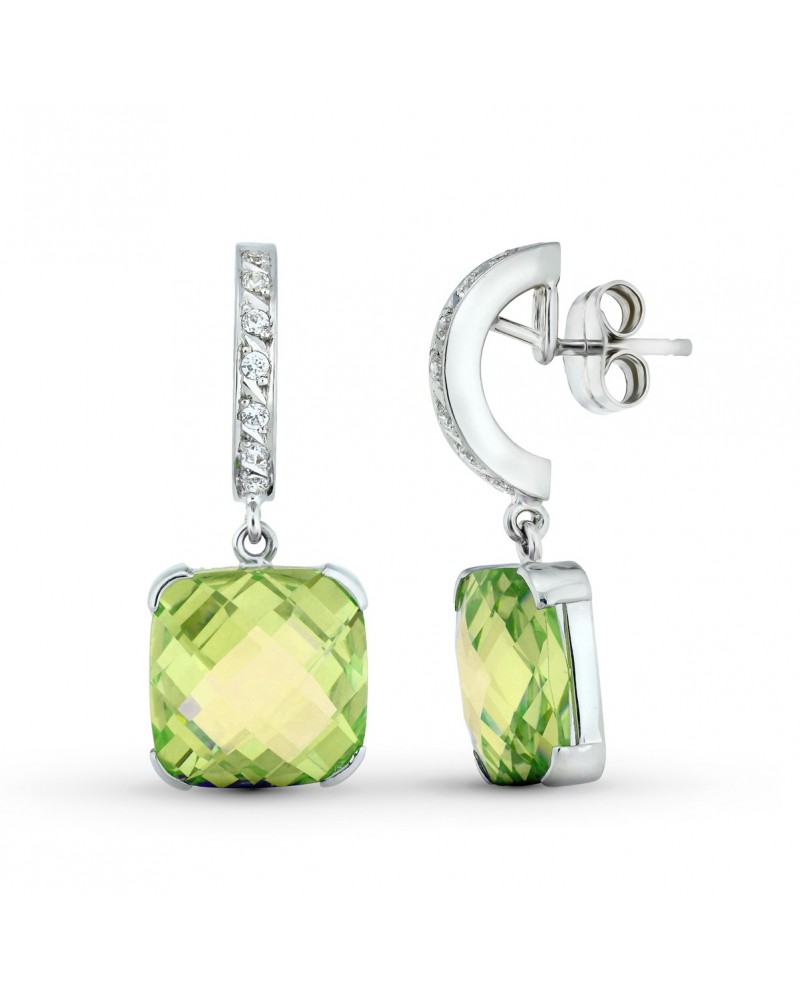 Pendientes oro blanco 18k piedra verde circonita 30x12mm