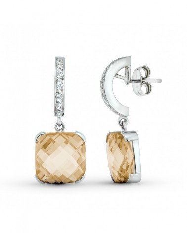 Pendientes oro blanco 18k con piedra color topacio 30x12mm