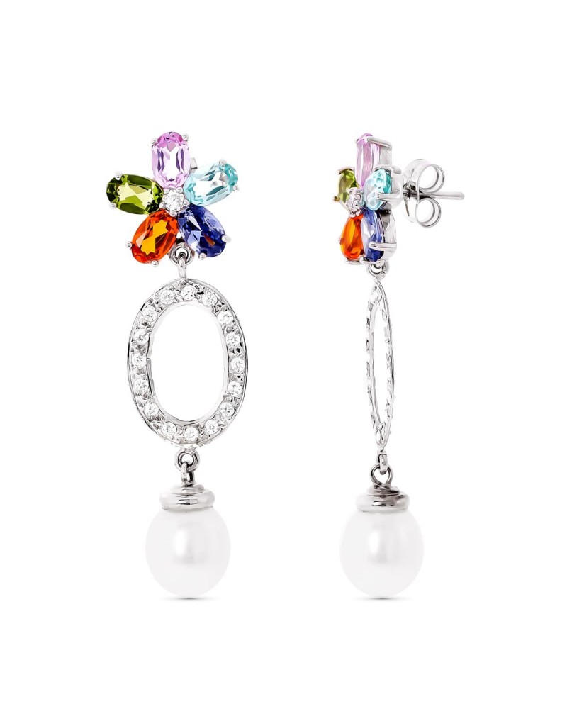 Pendientes oro blanco 18k perlas piedras color