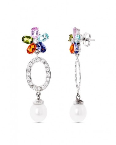 Pendientes oro blanco 18k perlas piedras color