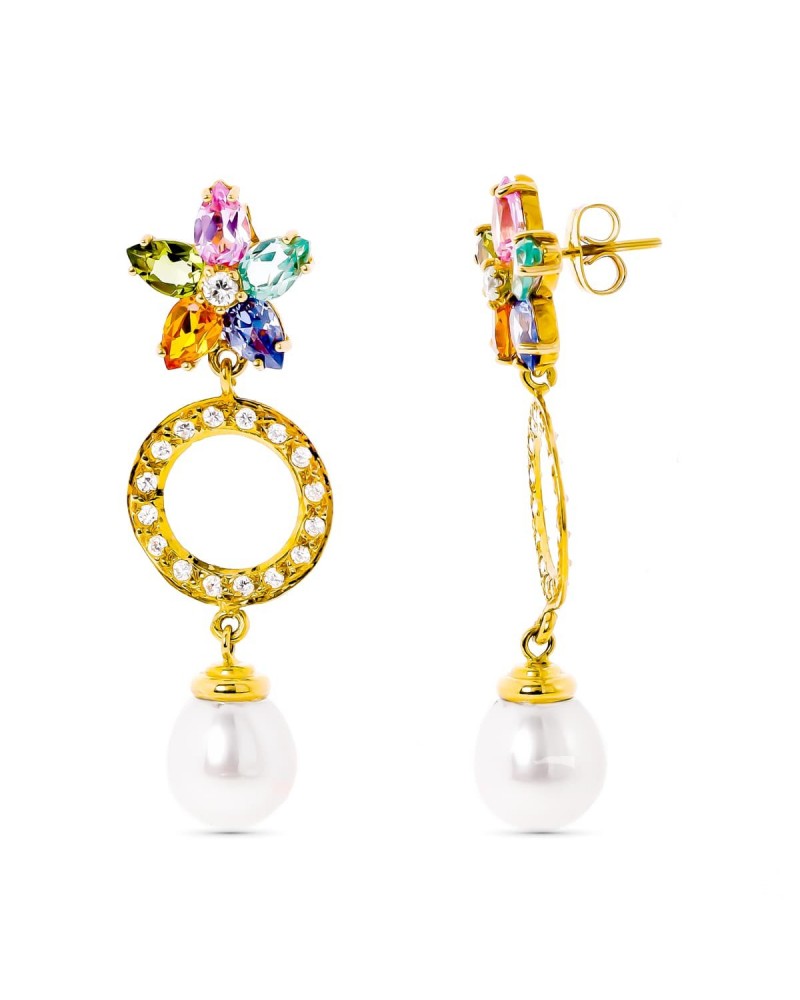 Pendientes oro 18k perla circonita flor multicolor