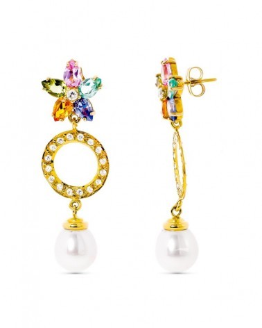 Pendientes oro 18k perla circonita flor multicolor