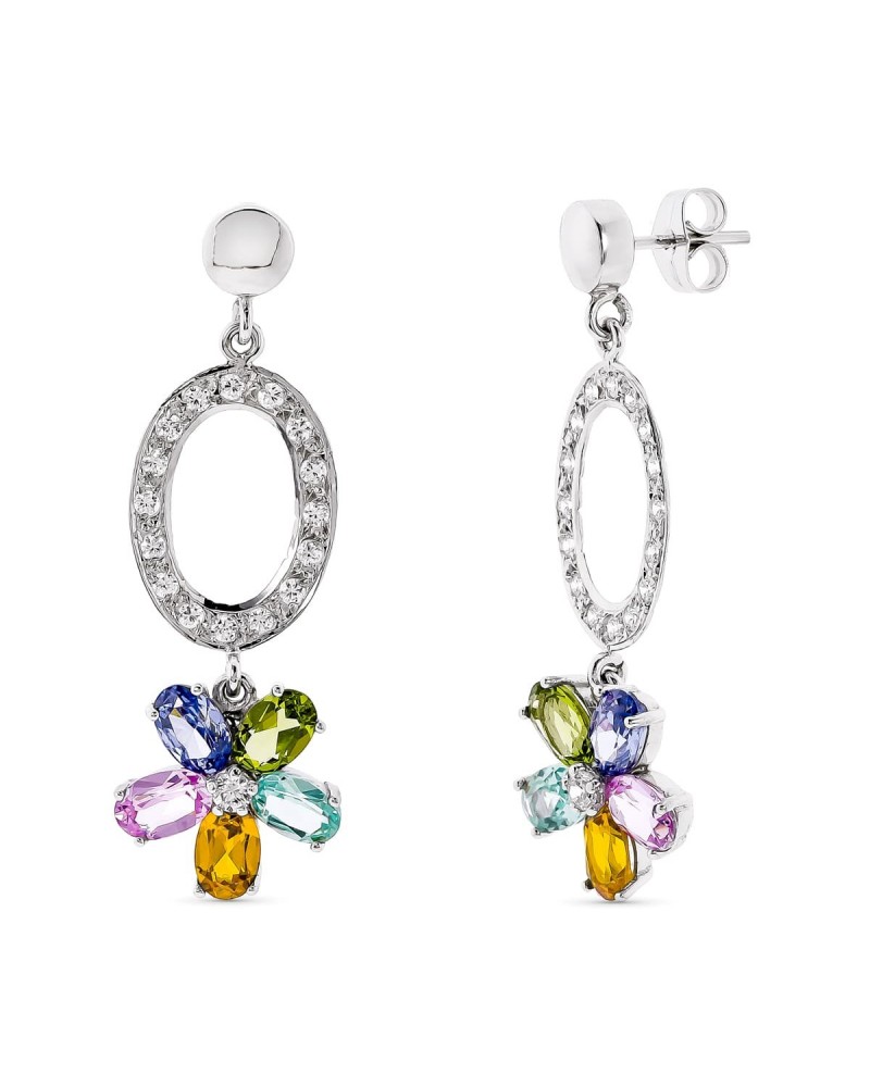 Pendientes oro blanco 18k largos piedras colores 42x13mm