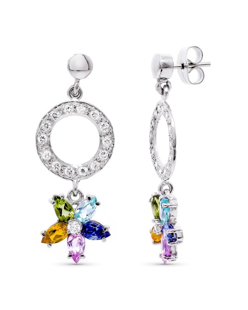 Pendientes oro blanco 18k largos piedras colores 36x14mm