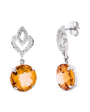 Pendientes oro 18k blanco largos piedra color 29x12mm