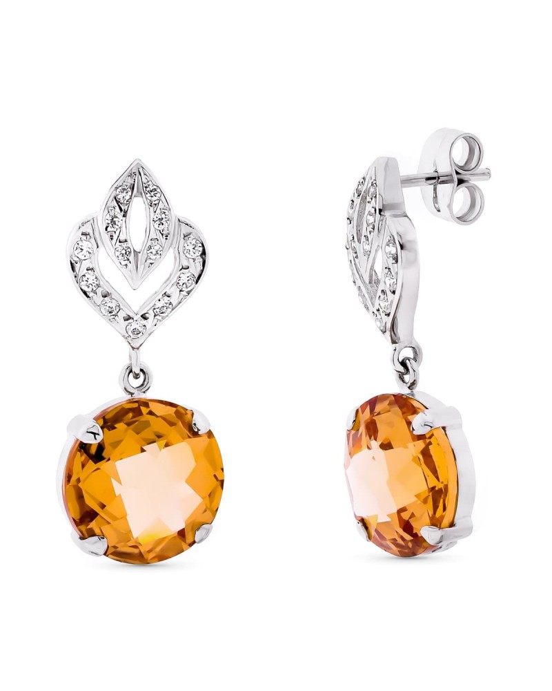 Pendientes oro 18k blanco largos piedra color 29x12mm