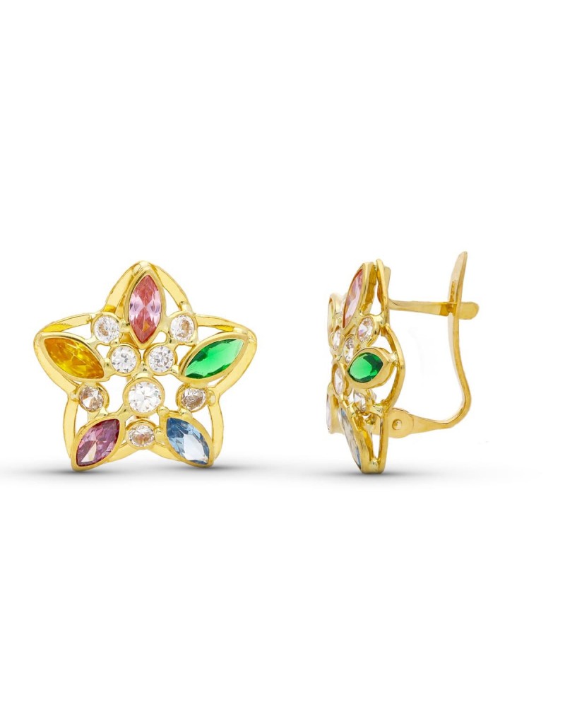 Pendientes oro 18k amarillo estrella piedras multicolor