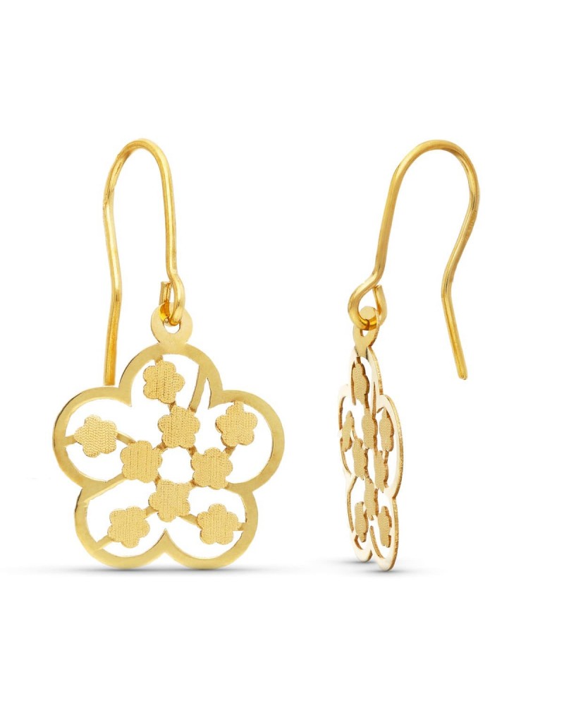 Pendientes oro 18k flor calada cierre gancho