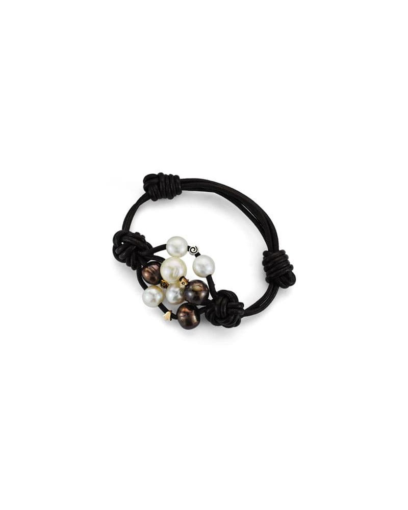 Pulsera oro 18k cuero perlas diamante talla brillante