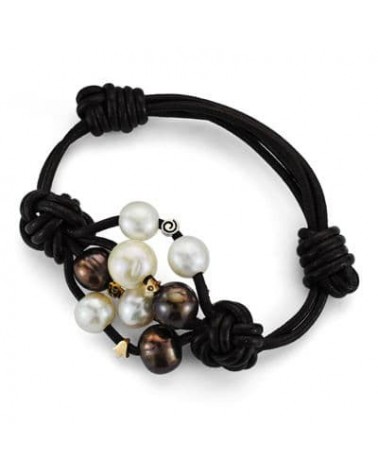 Pulsera oro 18k cuero perlas diamante talla brillante