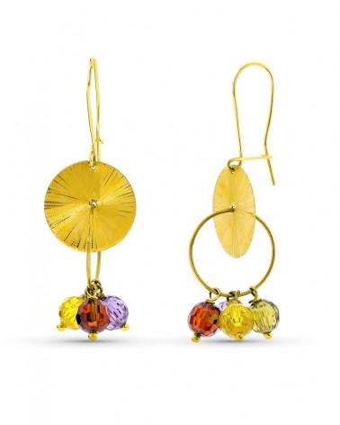 Pendientes oro 18k largos piedras colores placa tallada
