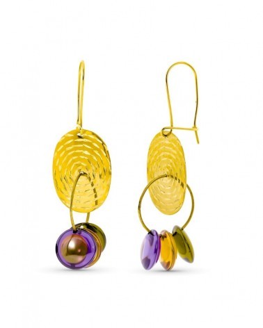 Pendientes oro 18k largos piedras colores chapa tallada