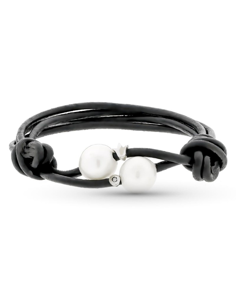 Pulsera oro 18k cuero negro perla diamante