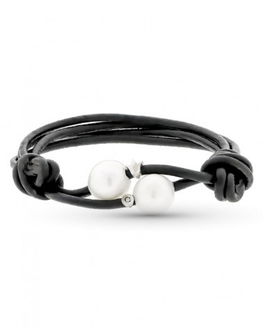 Pulsera oro 18k cuero negro perla diamante