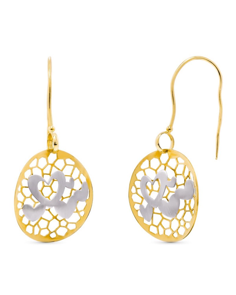 Pendientes oro 18k bicolor corazones calados gancho