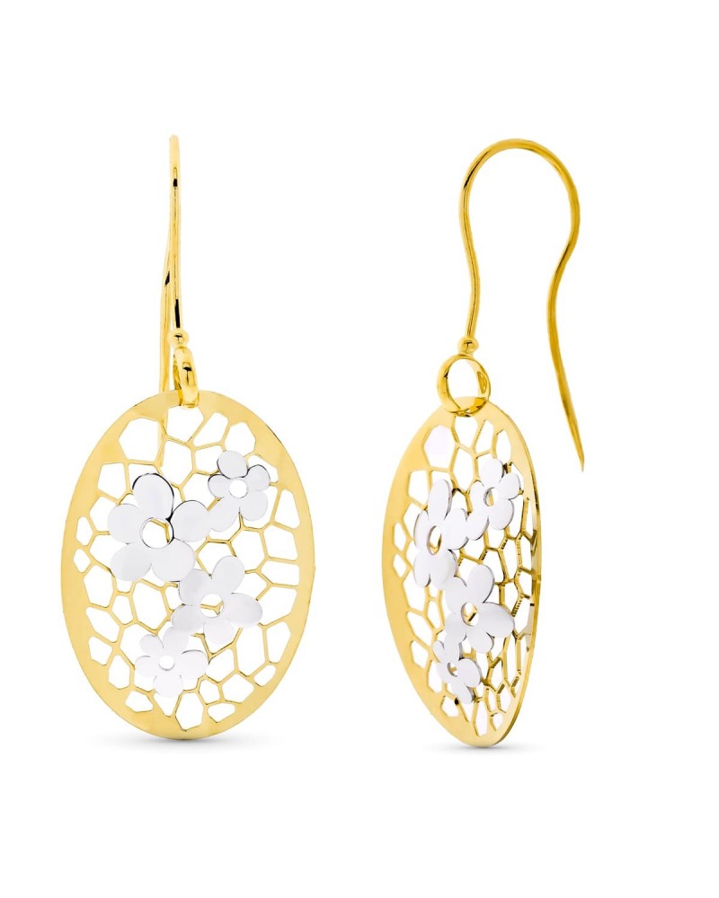 Pendientes oro 18k bicolor flor calada gancho