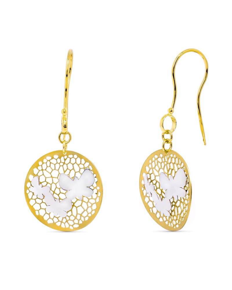 Pendientes oro 18k bicolor mariposas caladas 43x18mm