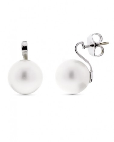 Pendientes oro blanco 18k perla 15mm cierre presión