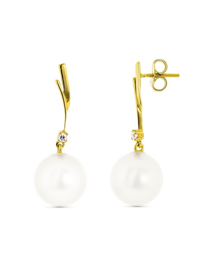 Pendientes oro 18k perla blanca circonita cierre presión