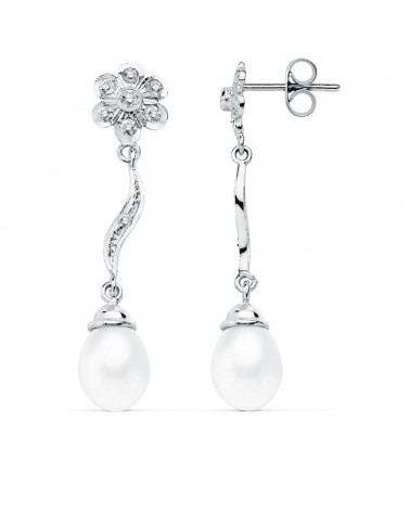 Pendientes oro blanco 18k perla flor circonitas