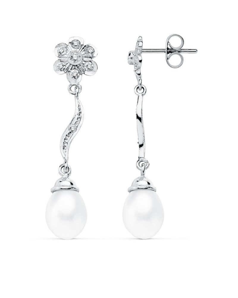 Pendientes oro blanco 18k perla flor circonitas
