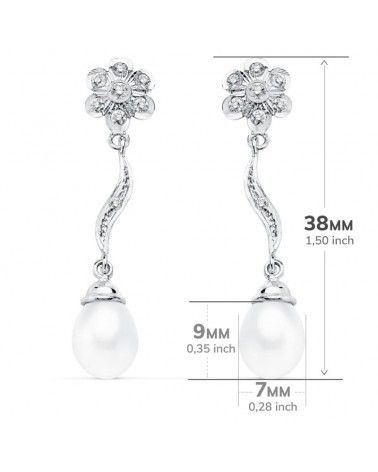 Pendientes oro blanco 18k perla flor circonitas