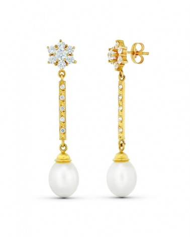 Pendientes oro 18k perla circonita tres cuerpos