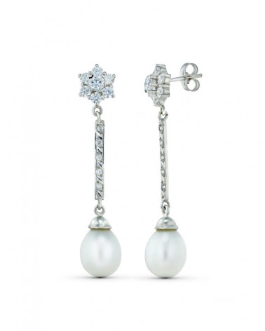 Pendientes oro blanco 18k tres cuerpos perla circonita