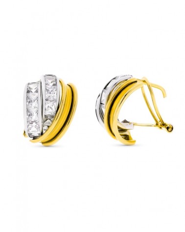 Pendientes oro 18k bicolor circonita cierre omega