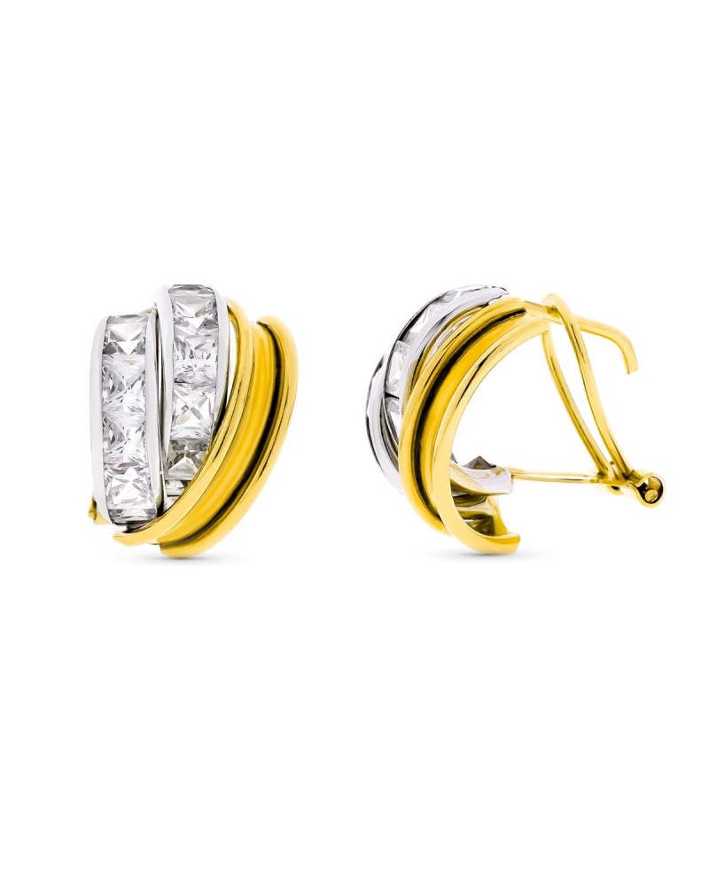 Pendientes oro 18k bicolor circonita cierre omega