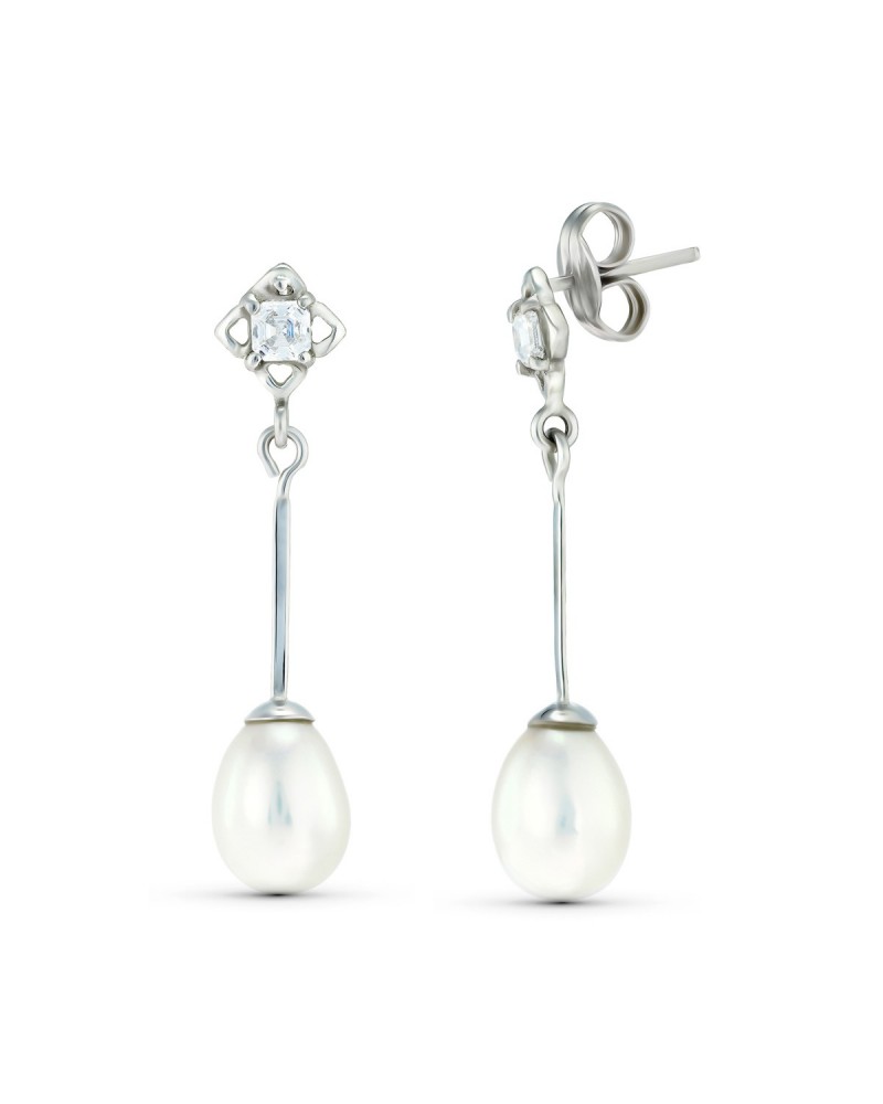 Pendientes oro blanco 18k perlas circonita cierre presión